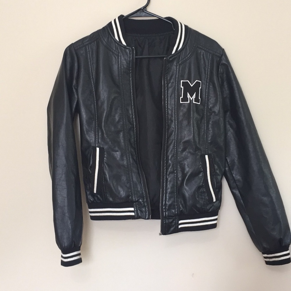 Black Faux Leather Letterman Jacket